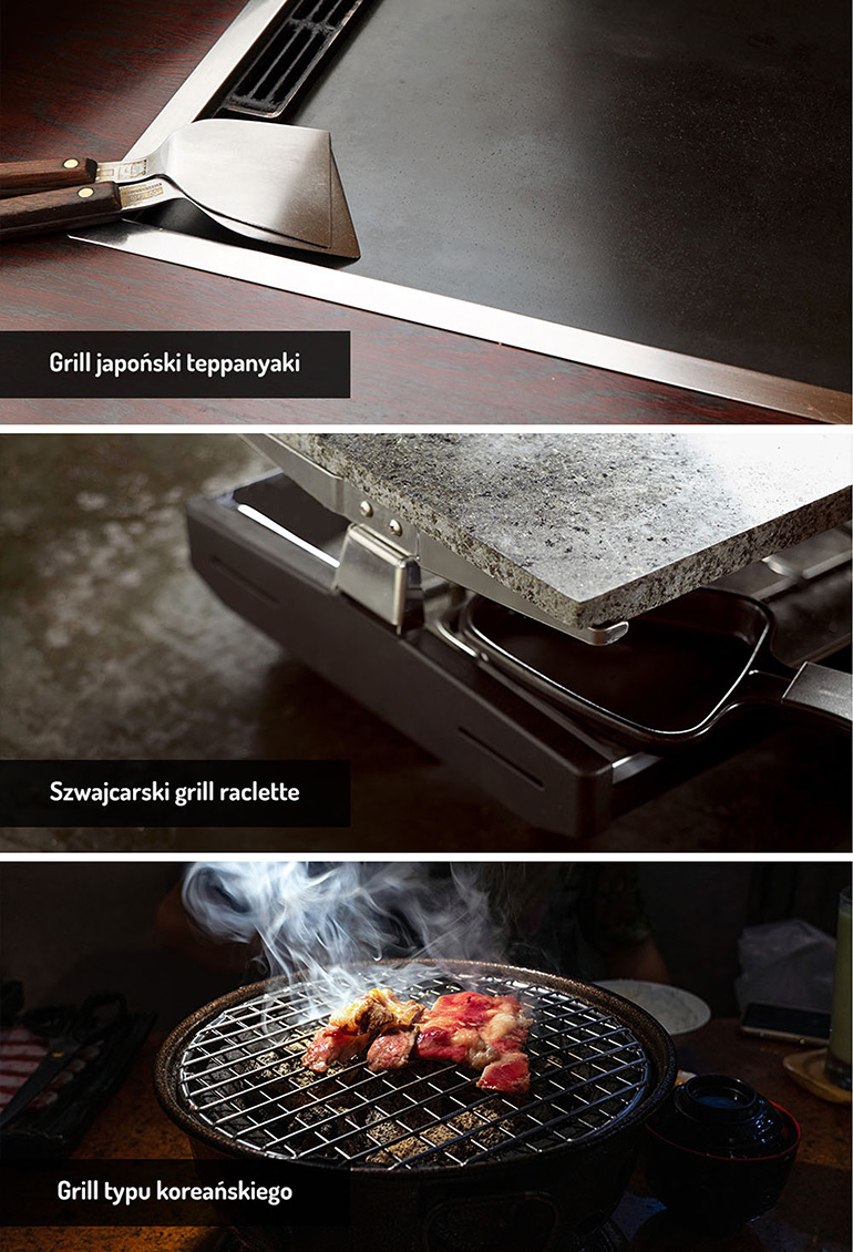 Różne typy grilli: japoński teppanyaki, szwajcarski raclette i typu koreańskiego - infografika